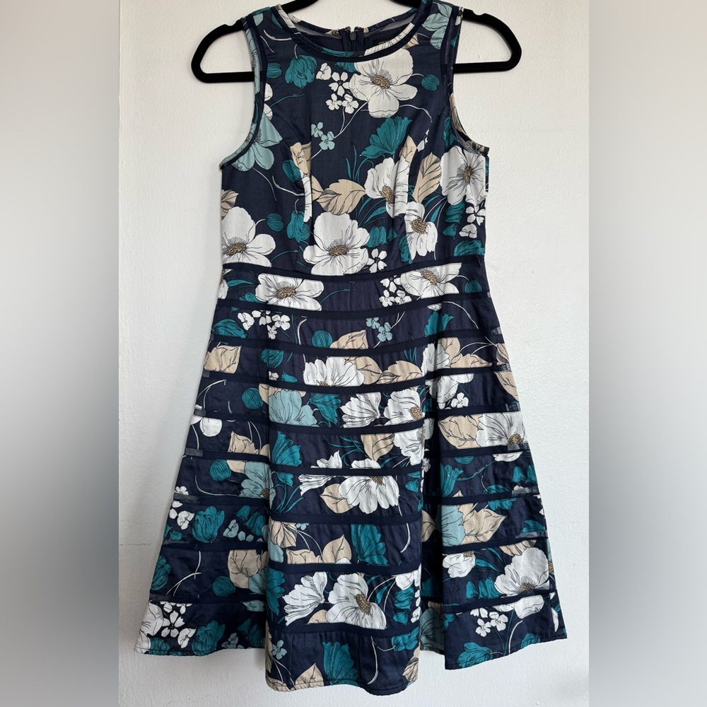 Ann Taylor Navy and Teal Floral Sleeveless Dress (0)